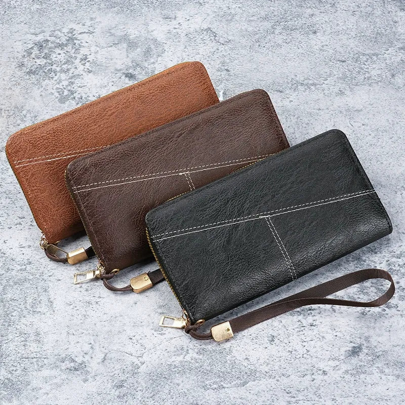 Black Men's Long Zipper Wallet Clutch - PU Leather Wristlet with Phone and Card Slots