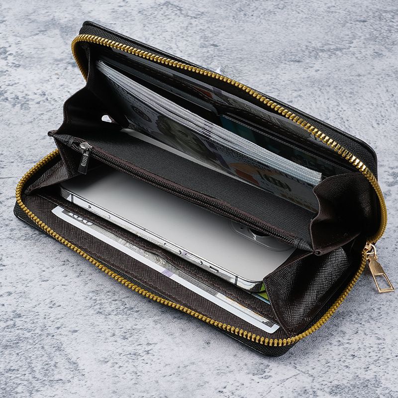 Coffee Men's Long Zipper Wallet Clutch - PU Leather Wristlet with Phone and Card Slots