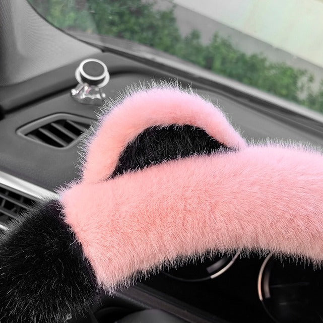 Pink Stitching Black Plush Cat Ear Steering Wheel Cover - Cute & Fuzzy Winter Grip, Universal 38cm Fit