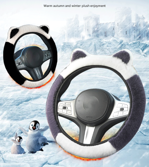 Blue Plush Cat Ear Steering Wheel Cover - Cute & Fuzzy Winter Grip, Universal 38cm Fit