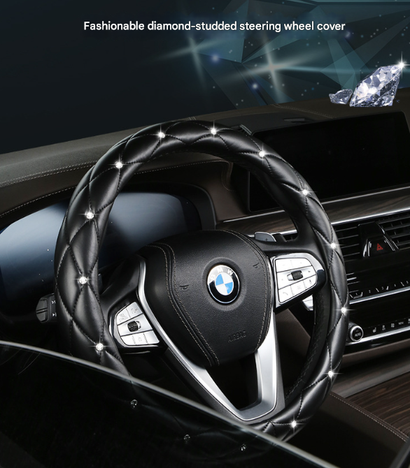 White Luxury Bling Steering Wheel Cover - Black Quilted Leather with Crystal Rhinestones, Universal 38cm Fit
