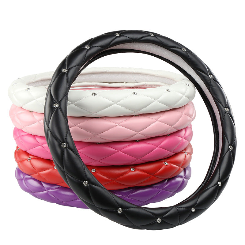 Red Luxury Bling Steering Wheel Cover - Black Quilted Leather with Crystal Rhinestones, Universal 38cm Fit