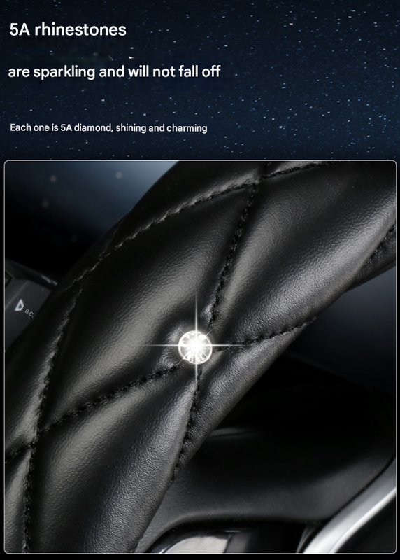 Purple Luxury Bling Steering Wheel Cover - Black Quilted Leather with Crystal Rhinestones, Universal 38cm Fit