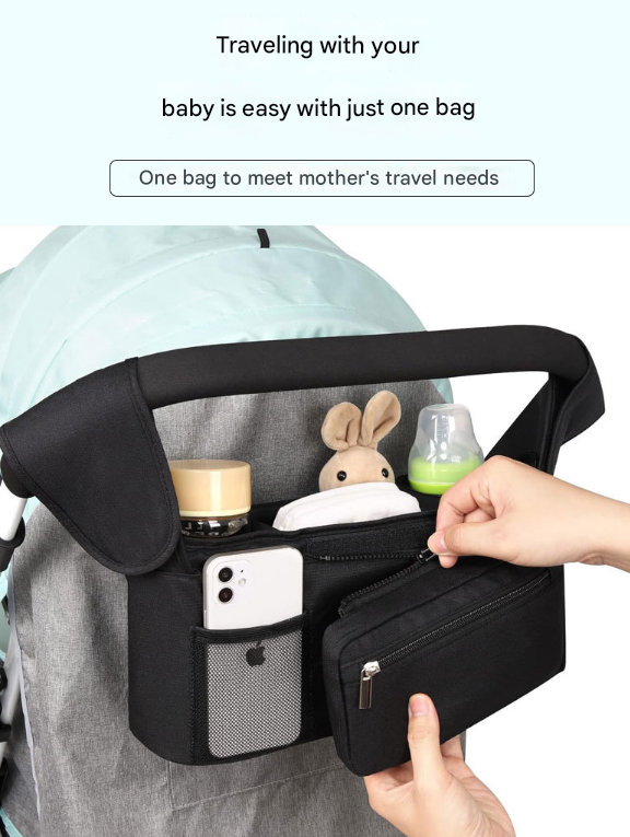 Grey Universal Stroller Organiser Caddy with Insulated Cup Holders and Detachable Wristlet