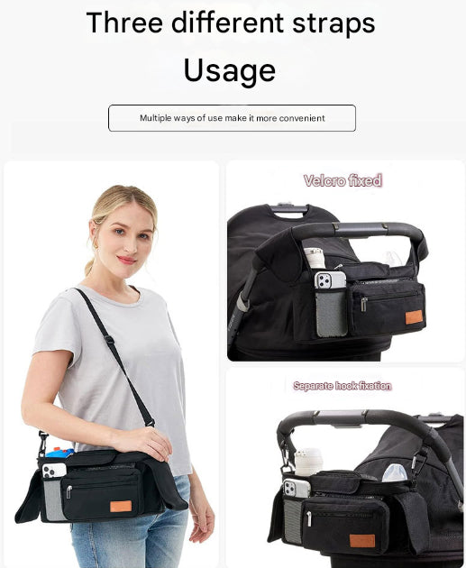 Black and Pink Stitching Universal Stroller Organiser Caddy with Insulated Cup Holders and Detachable Wristlet