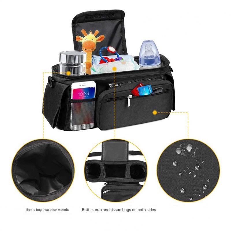 Pink and Black Stitching Universal Stroller Organiser Caddy with Insulated Cup Holders and Detachable Wristlet