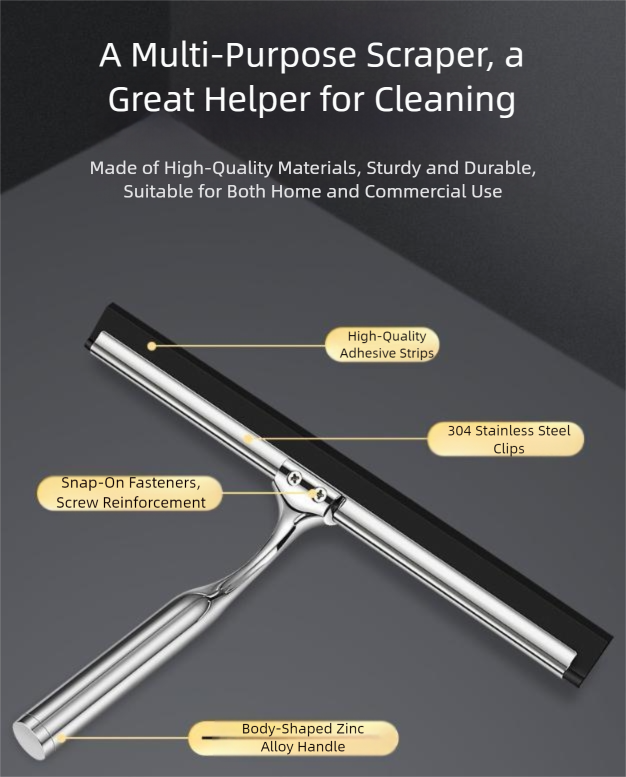 Silver Premium Stainless Steel Shower Squeegee with Adhesive Hook Holder - Streak-Free Blade for Glass Doors, Windows & Mirrors
