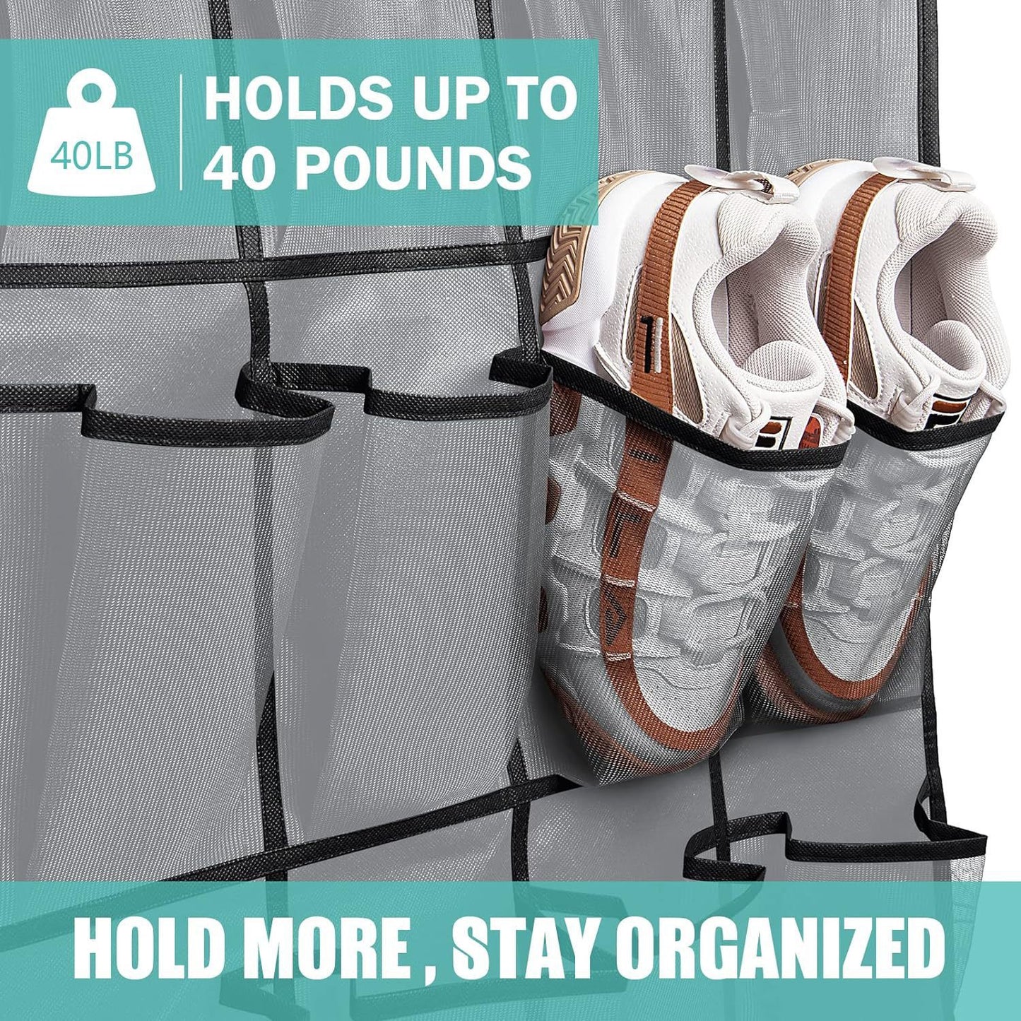 Black Over the Door Shoe Organizer with 24 Mesh Pockets - Space Saving Hanging Storage for Shoes, Accessories, Pantry