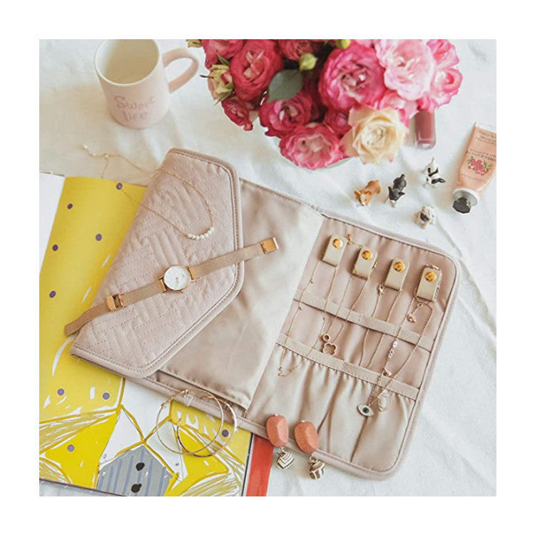 Pink Portable Jewelry Roll Bag Travel Organiser High-End Delicate Accessories Necklace Earring Ring Storage(Jewelry is not included)