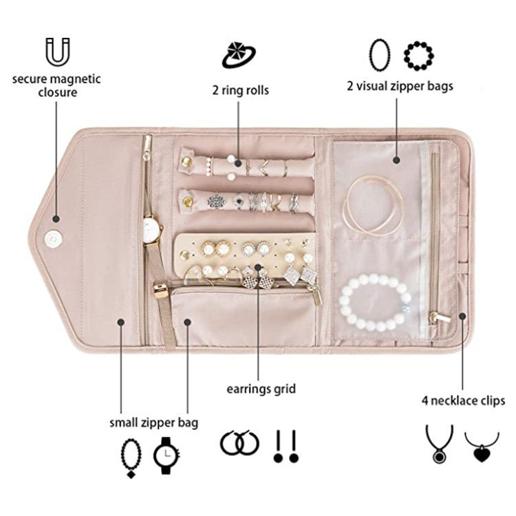 Blue Portable Jewelry Roll Bag Travel Organiser High-End Delicate Accessories Necklace Earring Ring Storage(Jewelry is not included)