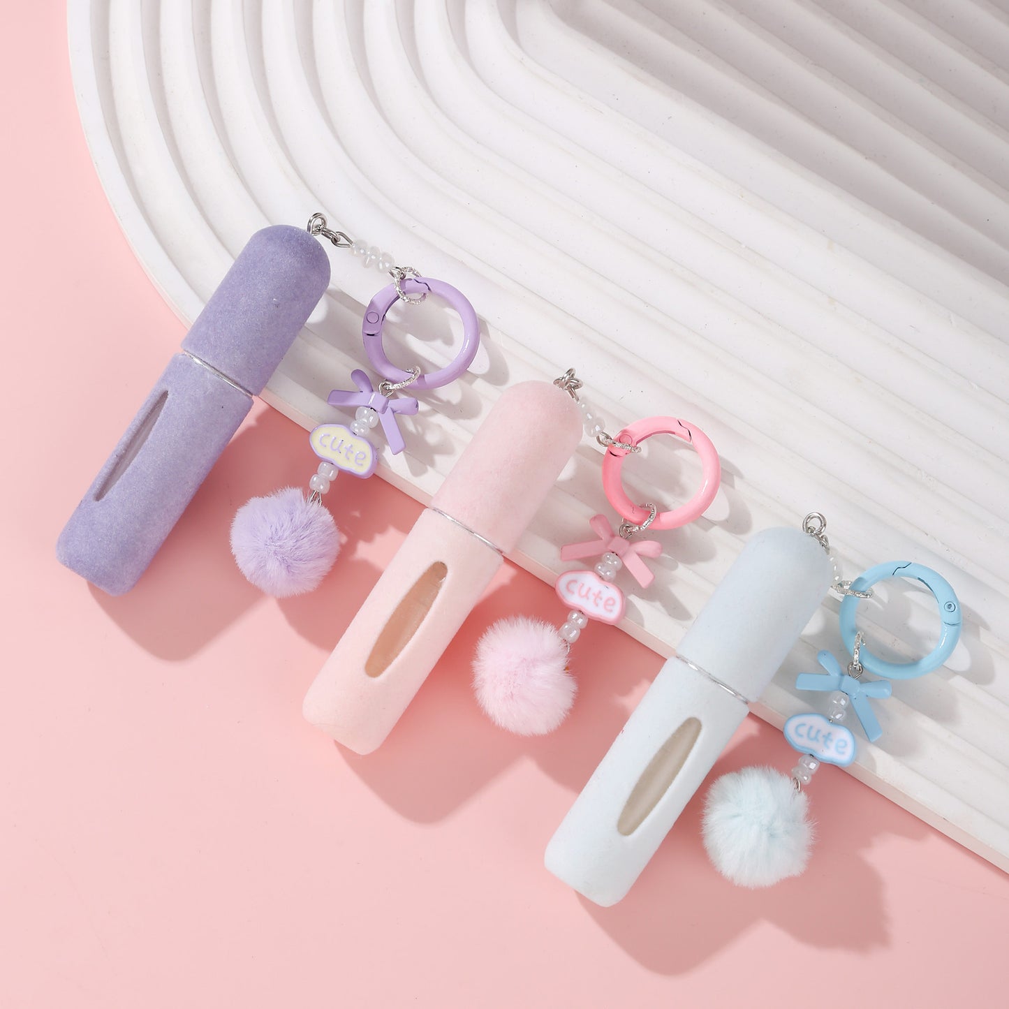 Blue 3 Pack Plush Perfume Atomiser Keychain - 5ml Portable Refillable Spray Bottle with Pom Pom Bag Charm