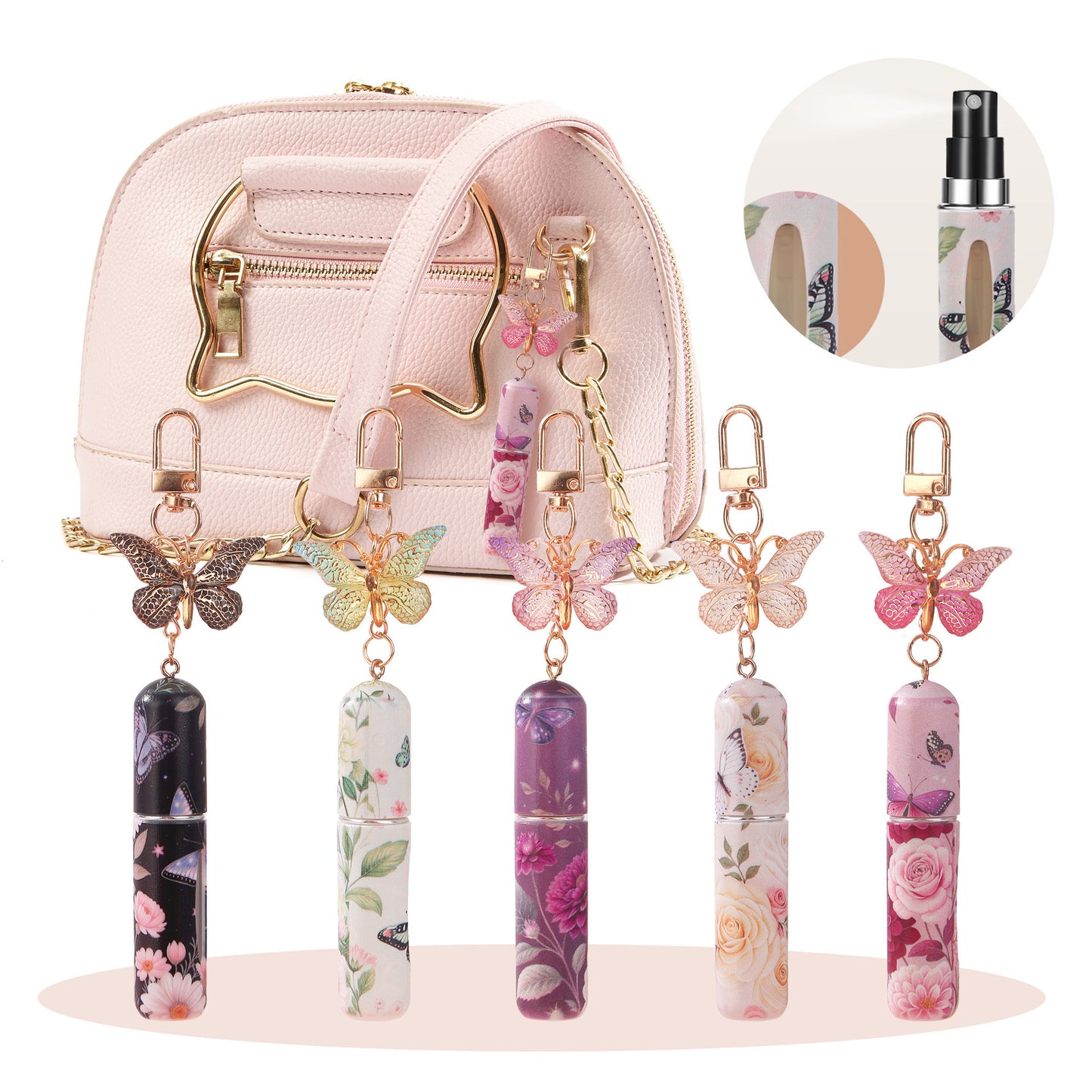 Pink 3 Pcs Portable 5ml Perfume Atomiser Keychain - Refillable Floral Spray Bottle with Butterfly Charm for Travel & Handbag