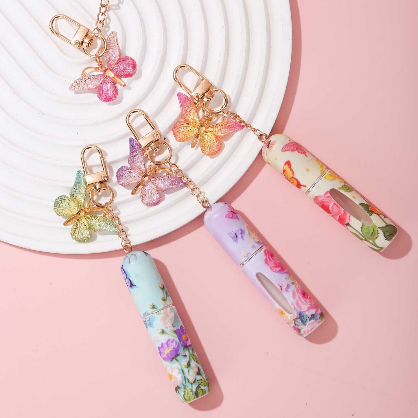 Pink 3 Pcs Portable 5ml Perfume Atomiser Keychain - Refillable Floral Spray Bottle with Butterfly Charm for Travel & Handbag