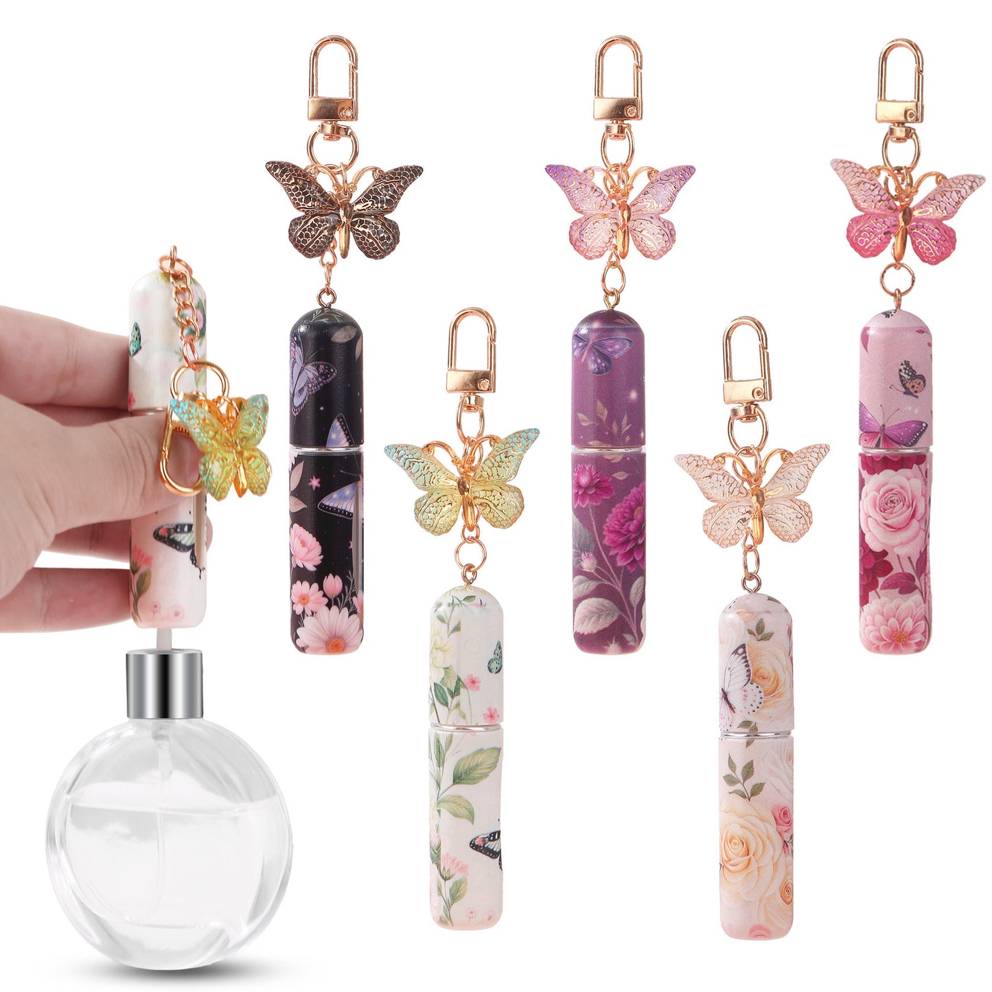 Purple 3 Pcs Portable 5ml Perfume Atomiser Keychain - Refillable Floral Spray Bottle with Butterfly Charm for Travel & Handbag