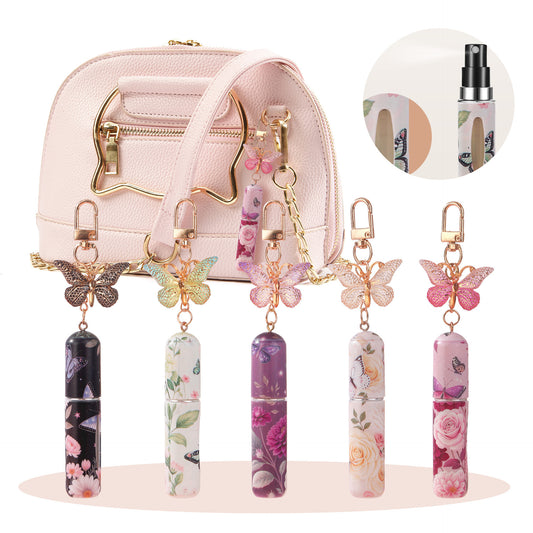 Random Color 3 Pcs Portable 5ml Perfume Atomiser Keychain - Refillable Floral Spray Bottle with Butterfly Charm for Travel & Handbag