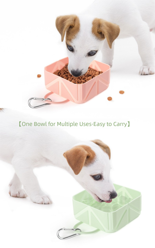 2 Pcs Green Portable 500ml Collapsible Square Pet Bowl - Silicone Travel Feeder with Carabiner Clip for Dogs & Cats - Lightweight for Camping & Hiking