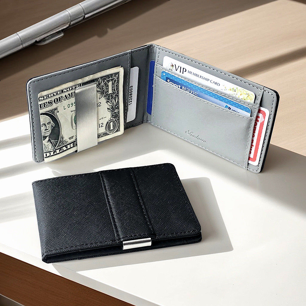Black Men's Slim Bifold Money Clip Wallet - Saffiano Texture PU Leather with Stainless Steel Cash Clamp - Minimalist Front Pocket Card Holder