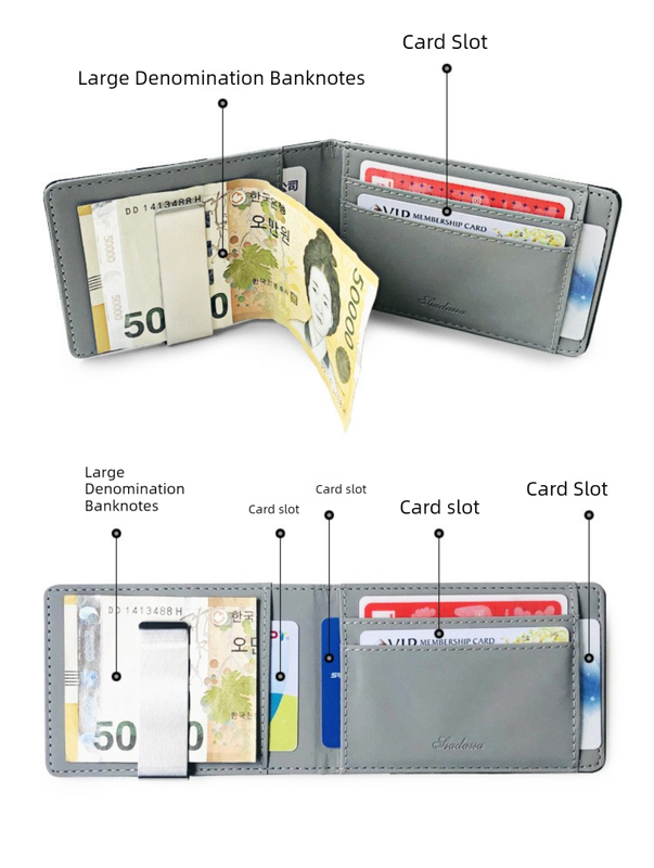 Black Men's Slim Bifold Money Clip Wallet - Saffiano Texture PU Leather with Stainless Steel Cash Clamp - Minimalist Front Pocket Card Holder