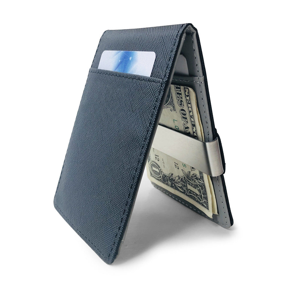 Grey Men's Slim Bifold Money Clip Wallet - Saffiano Texture PU Leather with Stainless Steel Cash Clamp - Minimalist Front Pocket Card Holder