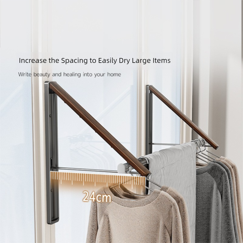 1 Pack White and Brown Wall Mounted Foldable Clothes Hanger Rack - Retractable Space Aluminium Drying Airer for Laundry & Balcony - Screw Mount Hardware Included
