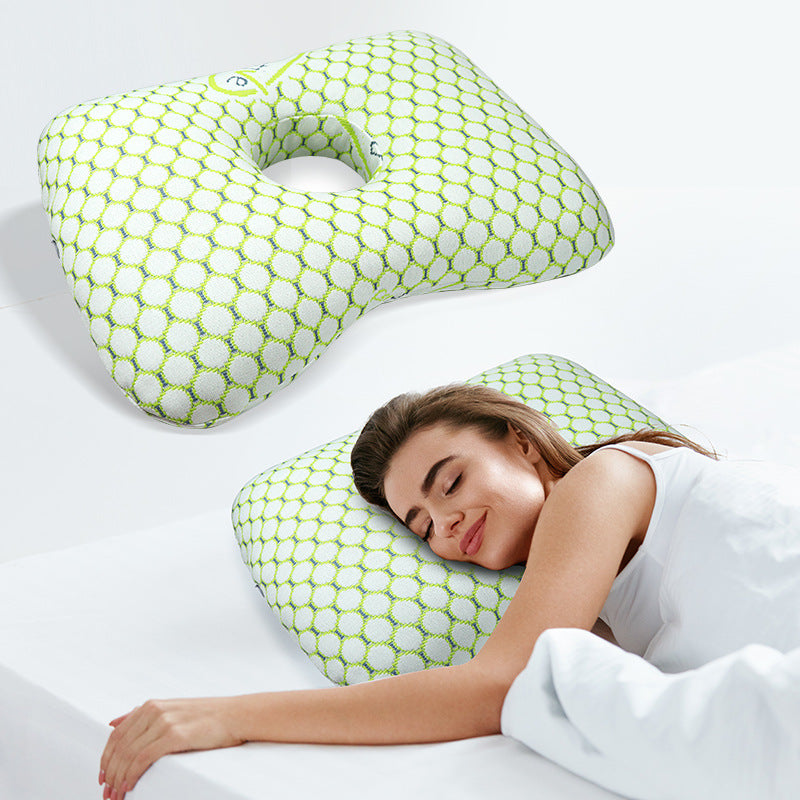White and Pink Ergonomic Ear Pillow with Hole for Side Sleepers - Pressure Relief Cushion for Ear Pain, Piercings & CNH - Washable Cover