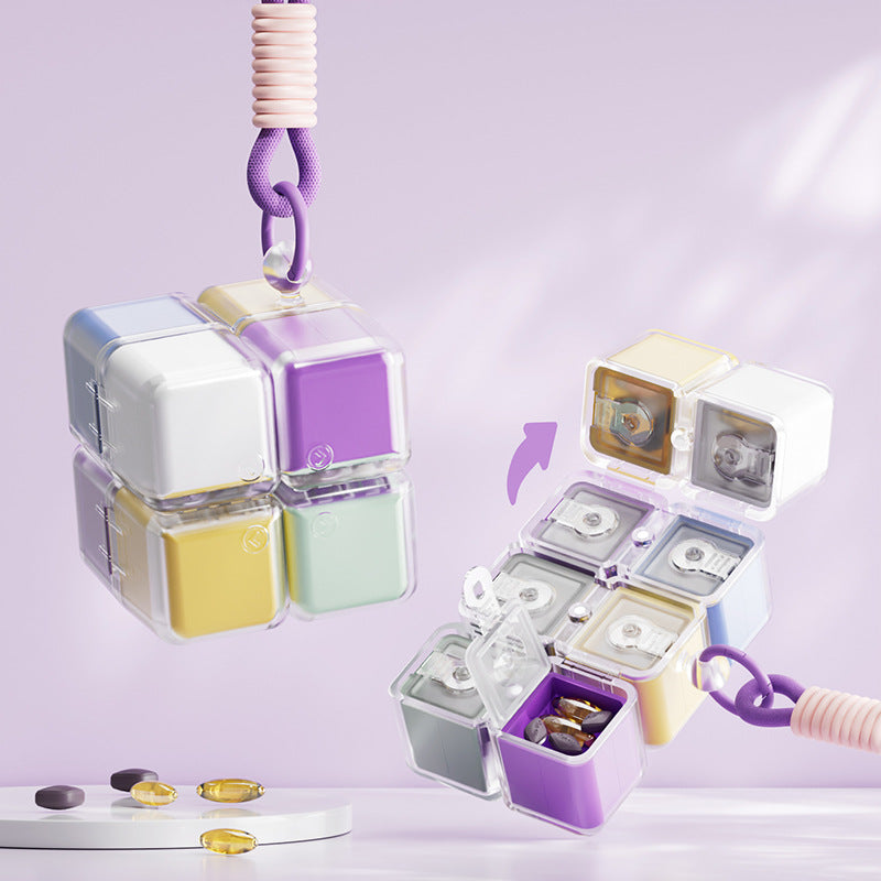 Purple Portable Magnetic Cube Pill Organiser - 8 Compartment Weekly Medicine Travel Case with Lanyard - Detachable Washable PP+PC Storage