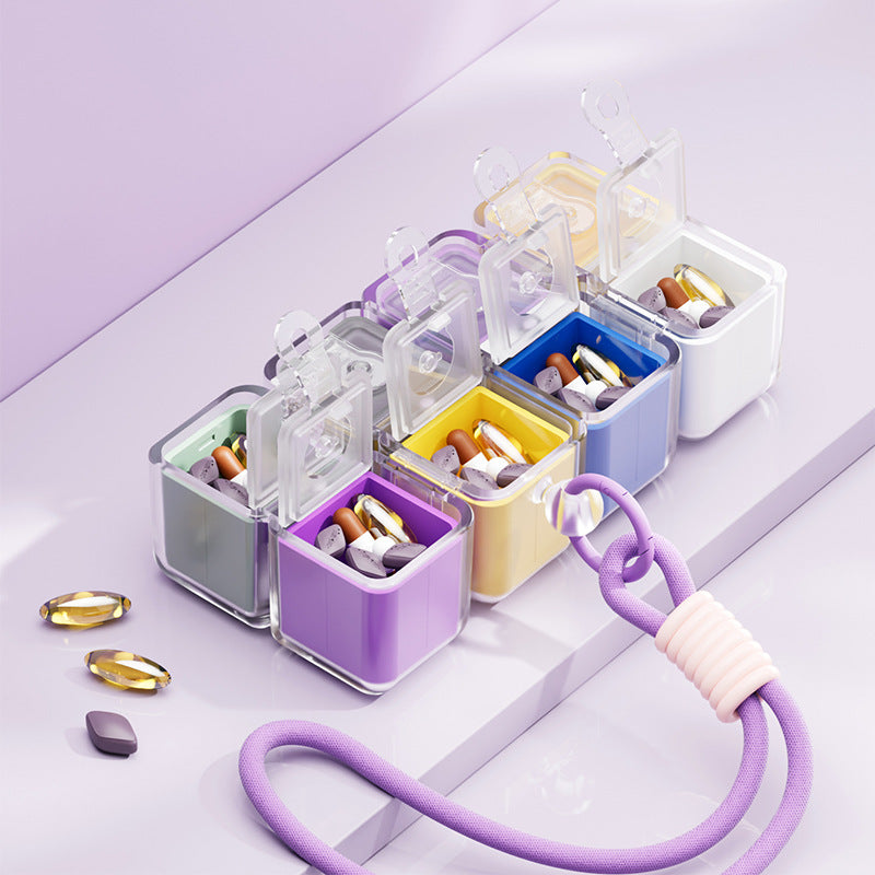 Purple Portable Magnetic Cube Pill Organiser - 8 Compartment Weekly Medicine Travel Case with Lanyard - Detachable Washable PP+PC Storage
