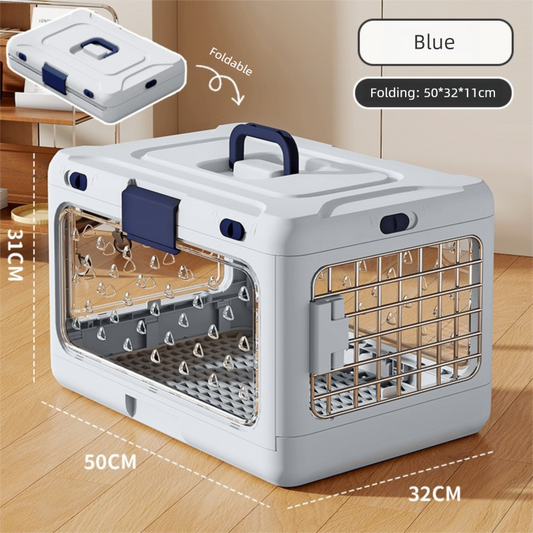 Blue Premium Foldable Pet Carrier Crate - Breathable Aviation Travel Box for Cats & Small Dogs up to 10kg - Portable Car & Flight Transport Case