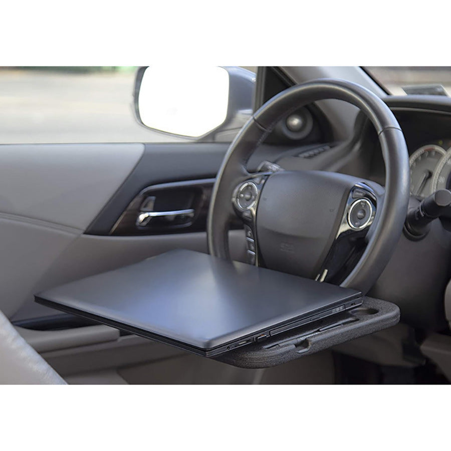 Grey Portable Car Steering Wheel Tray - 2-in-1 Dual Sided Laptop Desk & Food Table with Cup Holder - Universal Auto Interior Accessory for Travel & Mobile Work
