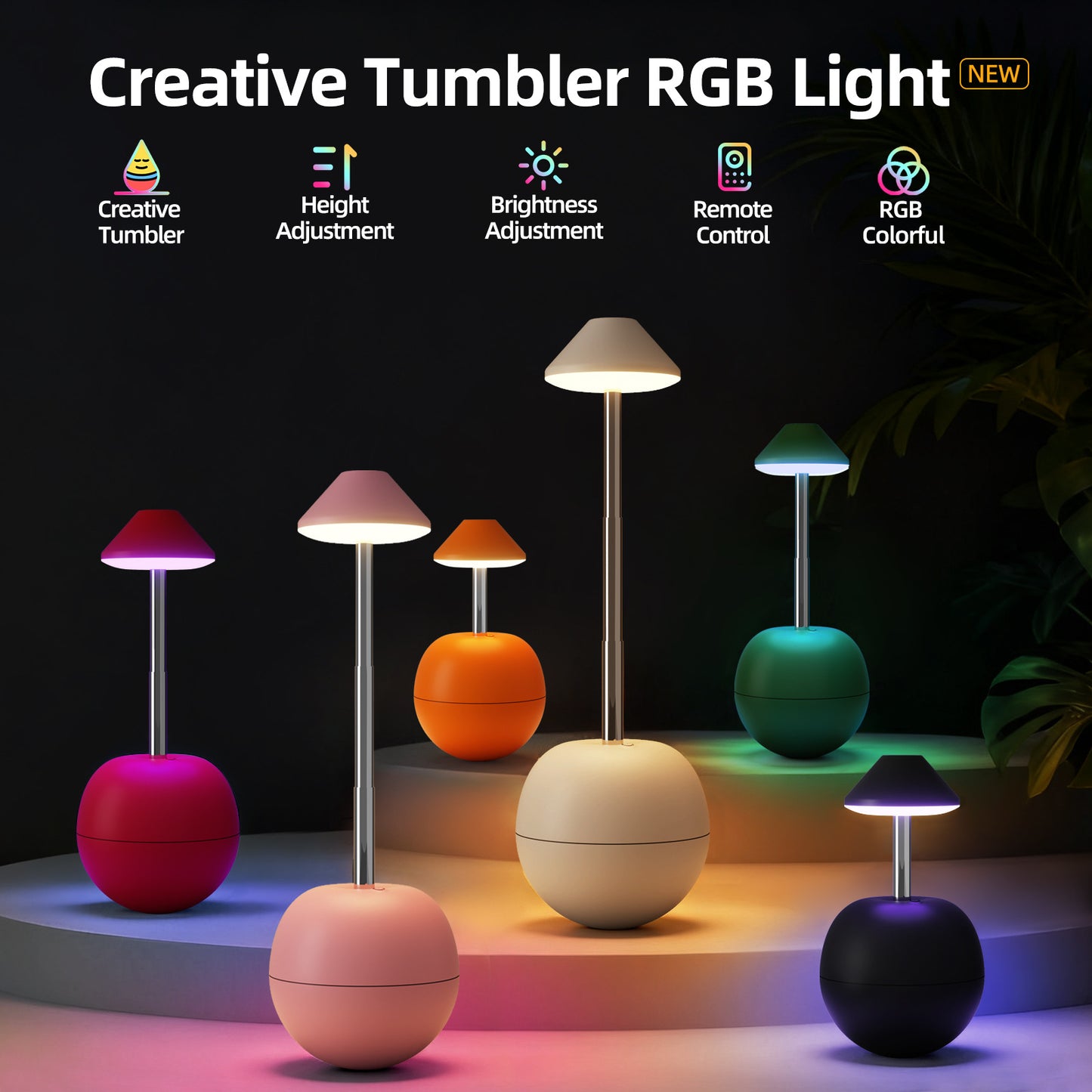 White Creative Tumbler LED Night Light - Rechargeable RGB Desk Lamp with Remote Control - Height Adjustable, Brightness Adjustable, Bedside Ambient Light