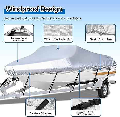 Grey Heavy Duty Waterproof Tarp Covers with Storage Bag, Fits V-Hull, Fish&Ski, Pro-Style, Fishing, Runabout, Bass Boats, 11-13 feet (420cm x 270cm)