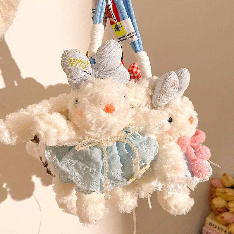 Red Cute Floppy Eared Bunny Plush Doll with Pearl Necklace and Ribbon Dress - Adorable Keychain or Bag Charm for Girls(F-4977)