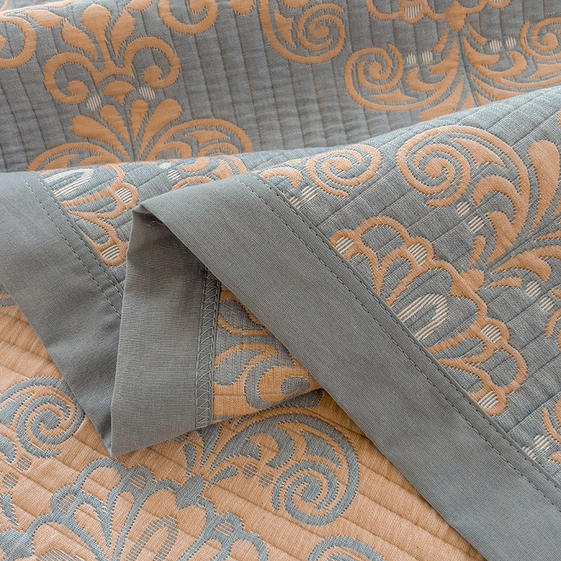 Grey and Green Cotton Three-Layer Gauze Bed Cover Set - Reversible Vintage Printed Blanket with Two Pillowcases for Year-Round Use(120*150cm)
