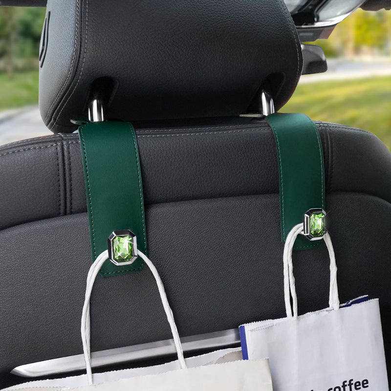 Black Car Multi-Functional PU Leather Hook with Crystal Decoration – Hidden Storage Hook for Front and Rear Seats (Set of 2)