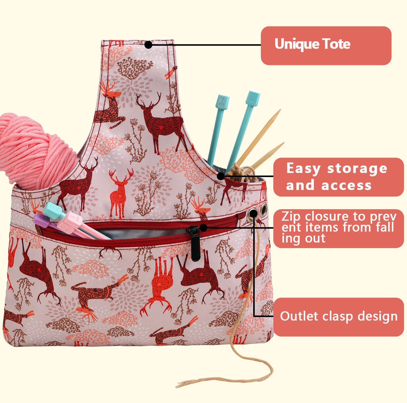 Colourful Knitting Storage Tote Bag – Colorful Geometric Triangles Craft Organizer with Zippered Pockets