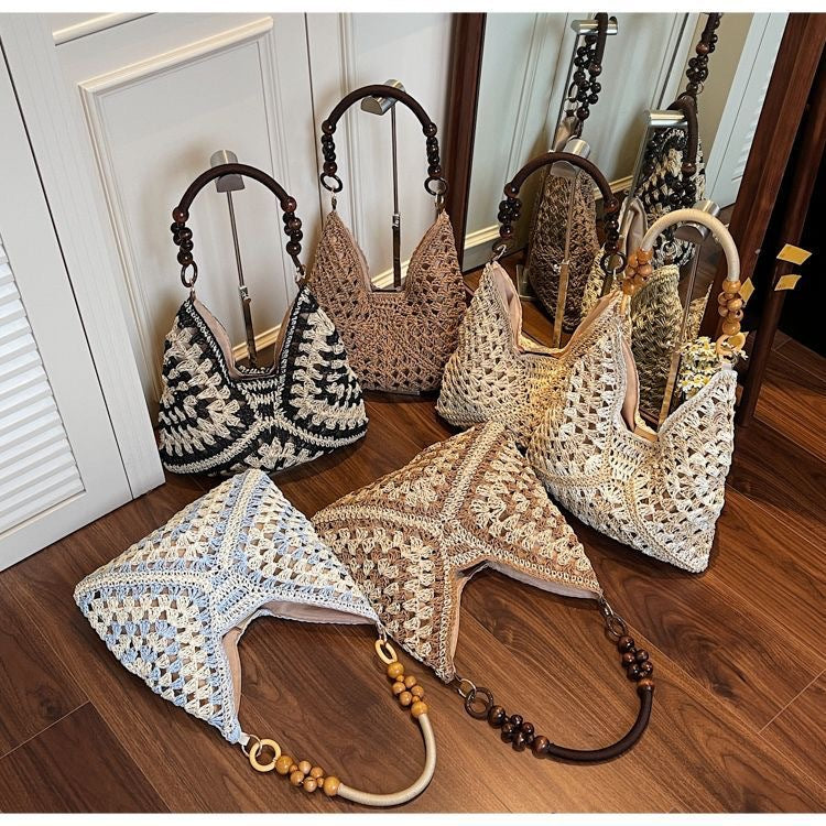 Beige and Black Stylish Hand-Woven Paper Rope Bag – Boho Crochet Tote for Summer & Travel