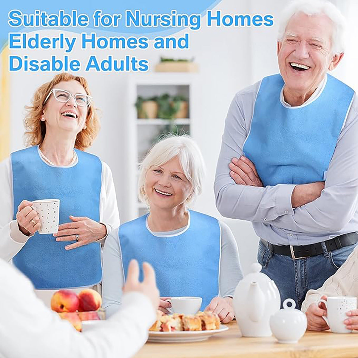 Blue Anti-Stain Feeding Apron with Pocket – Adjustable Care Bib for Elderly & Disabled Adults (2-Pack)