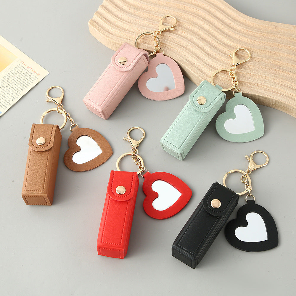 Green Portable Lipstick Case with Heart Mirror & Keychain – Cute PU Leather Holder (3-Pack)