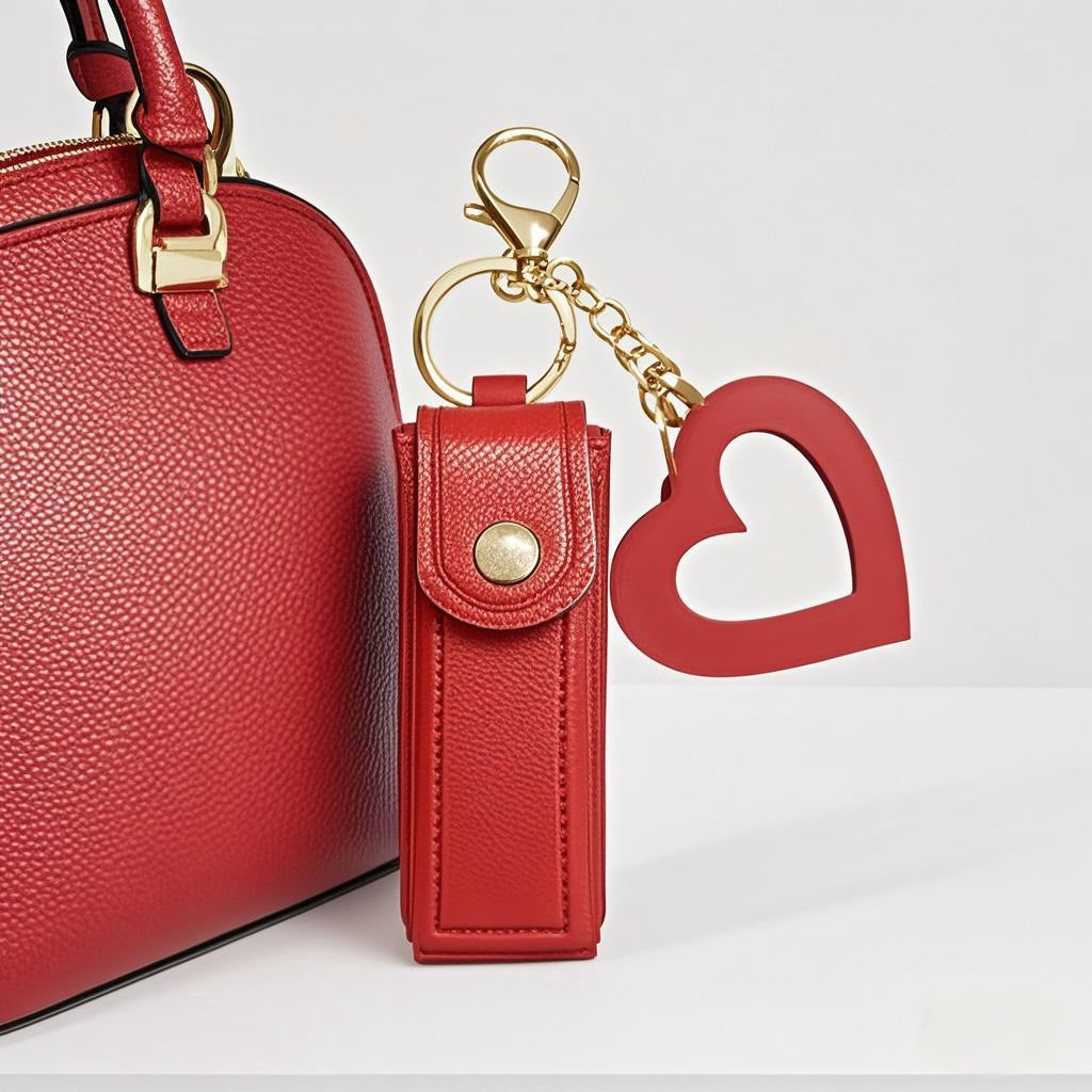 Green Portable Lipstick Case with Heart Mirror & Keychain – Cute PU Leather Holder (3-Pack)