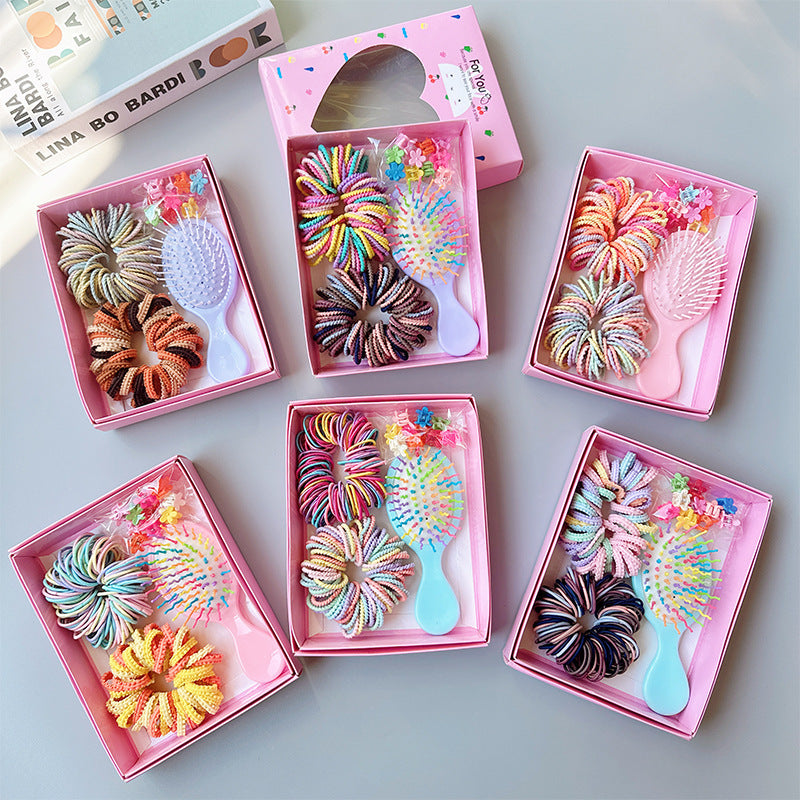 Style 5 Boxed Hair Tie Set with Pink Rubber Bands, Cute Hair Accessories & Mini Comb – Perfect Gift for Girls