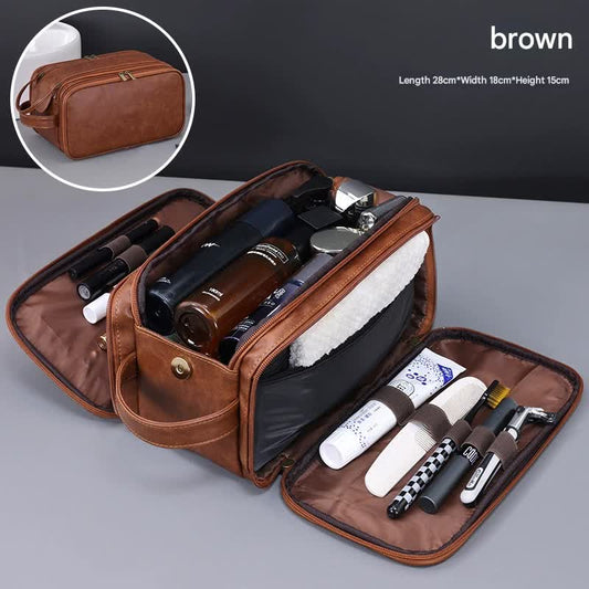 Large Capacity PU Leather Toiletry Bag - Multi-Compartment Dopp Kit & Cosmetic Organizer(Brown)