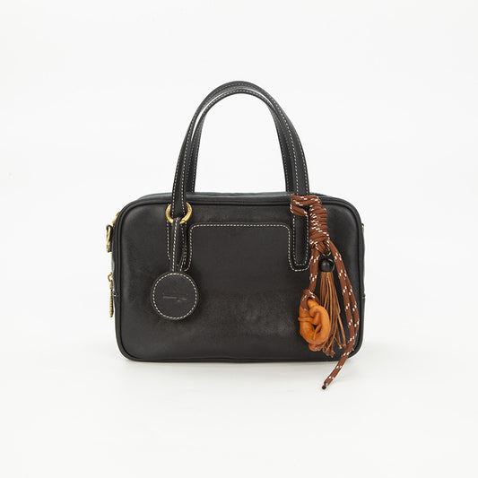 Small Size Black Vintage Genuine Split Leather Bowling Bag for Women - Retro Top Handle Satchel & Crossbody Purse