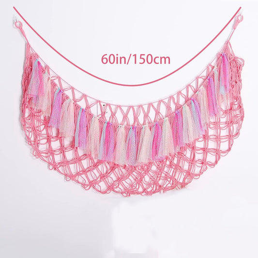 Pink Hand-Woven Cotton Rope Plush Toy Hammock - Wall Organizer with Tassels, Decorative Toy Net (150 x 40cm)
