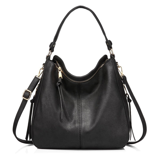 Black Foreign Trade Fashion Large Capacity Handbag - European & American Casual Crossbody Bag, Solid Color Zipper Women's Shoulder Bag