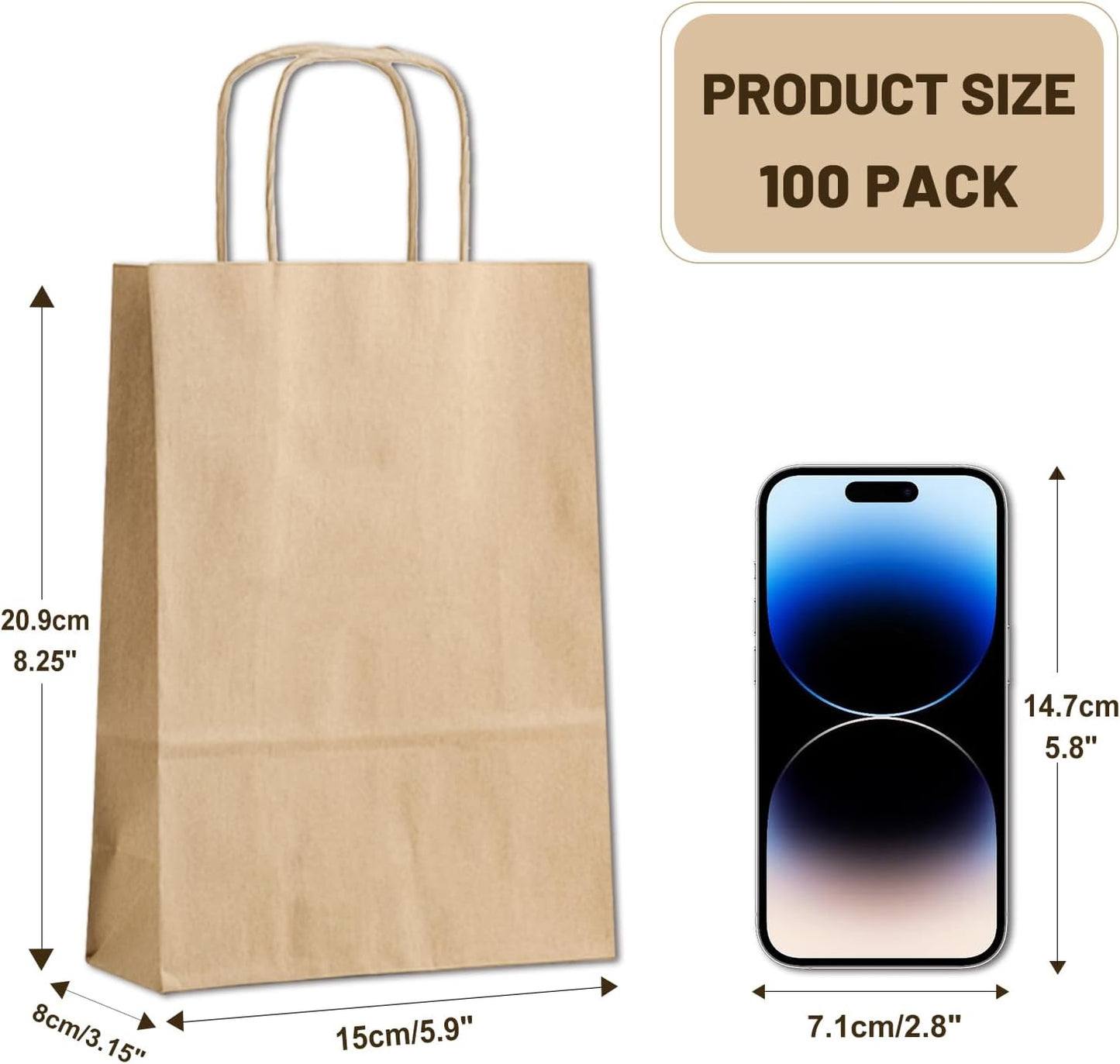 Gift Bags 8.25"X5.9 "X3.15" 100pcs Brown Kraft Paper Bag with Handles for Small Business Christmas Bulk, Wedding, Party Favor, Shopping, Lunch, Halloween Trick-or-Treat Bags