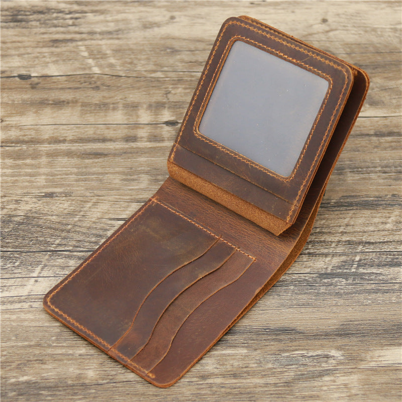 Dark Brown Men's Crazy Horse Leather Wallet - Genuine Leather Bifold Card Holder, Retro Rugged Top-Grain Cowhide (11.5x2x9.5 cm, 120g)