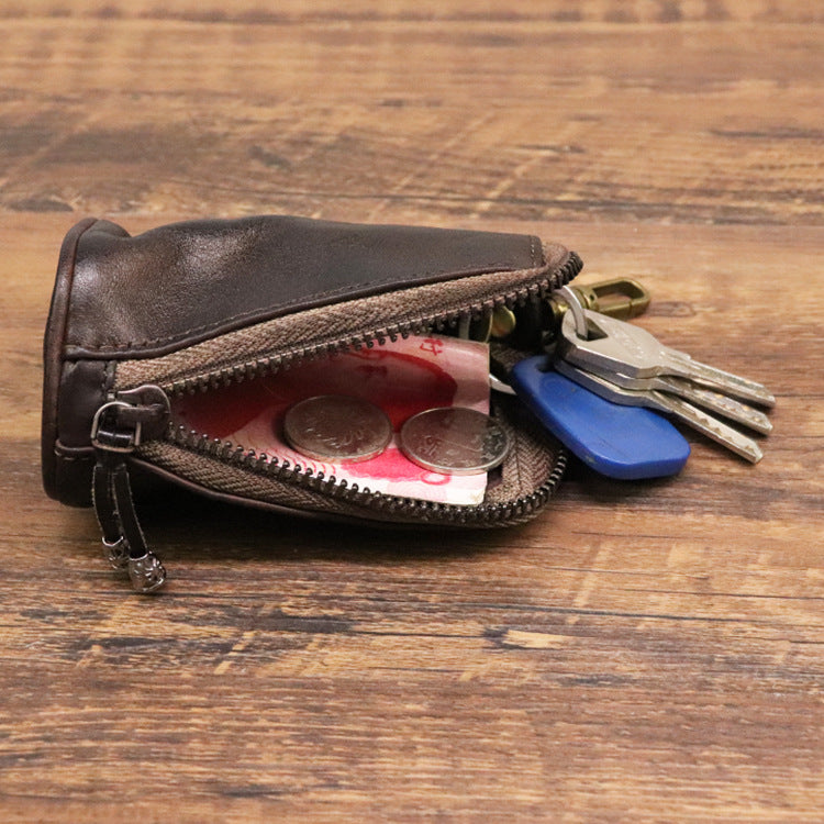Red Vintage Top-Grain Cowhide Key Pouch - Men's Large Capacity Waist-Mounted Retro Key Holder (11x6x6 cm)