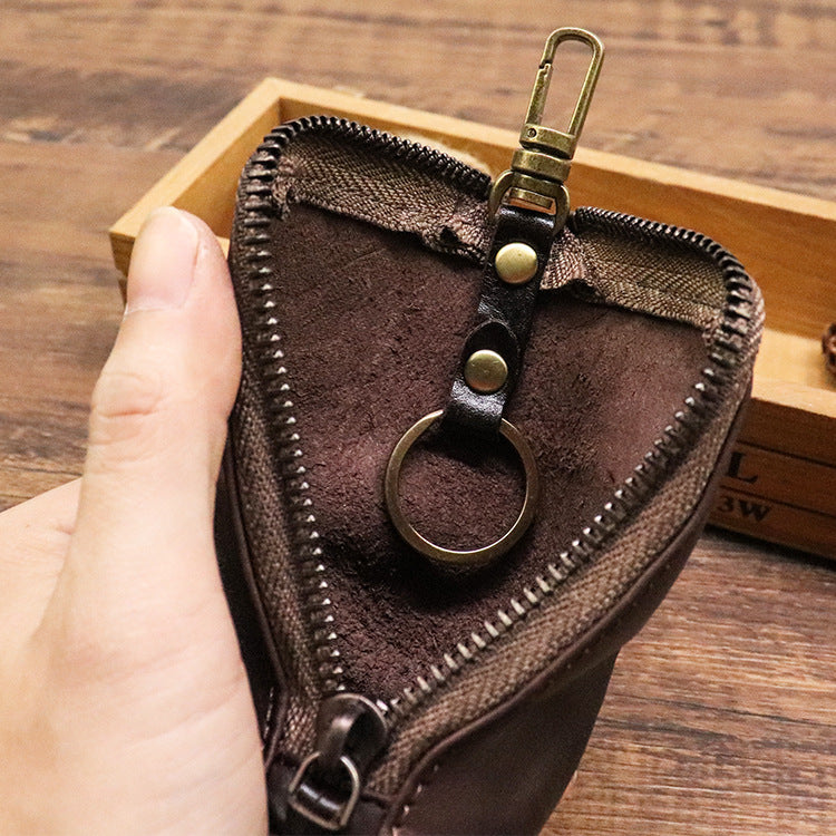 Brown Vintage Top-Grain Cowhide Key Pouch - Men's Large Capacity Waist-Mounted Retro Key Holder (11x6x6 cm)