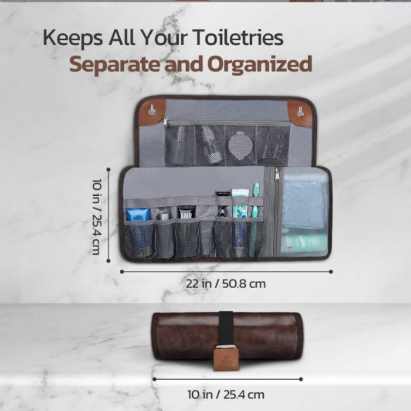 Brown Men's PU Leather Toiletry Bag - Waterproof Travel Organizer for Shaving Kits & Bathroom Accessories (50.8x25.4 cm unfolded, 25.4 cm rolled)