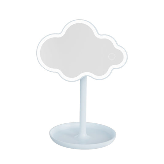 Blue Cute Cloud Shaped LED Makeup Mirror Desktop Vanity Light with Storage Tray 360 Rotation Cordless Cosmetic Beauty Tool